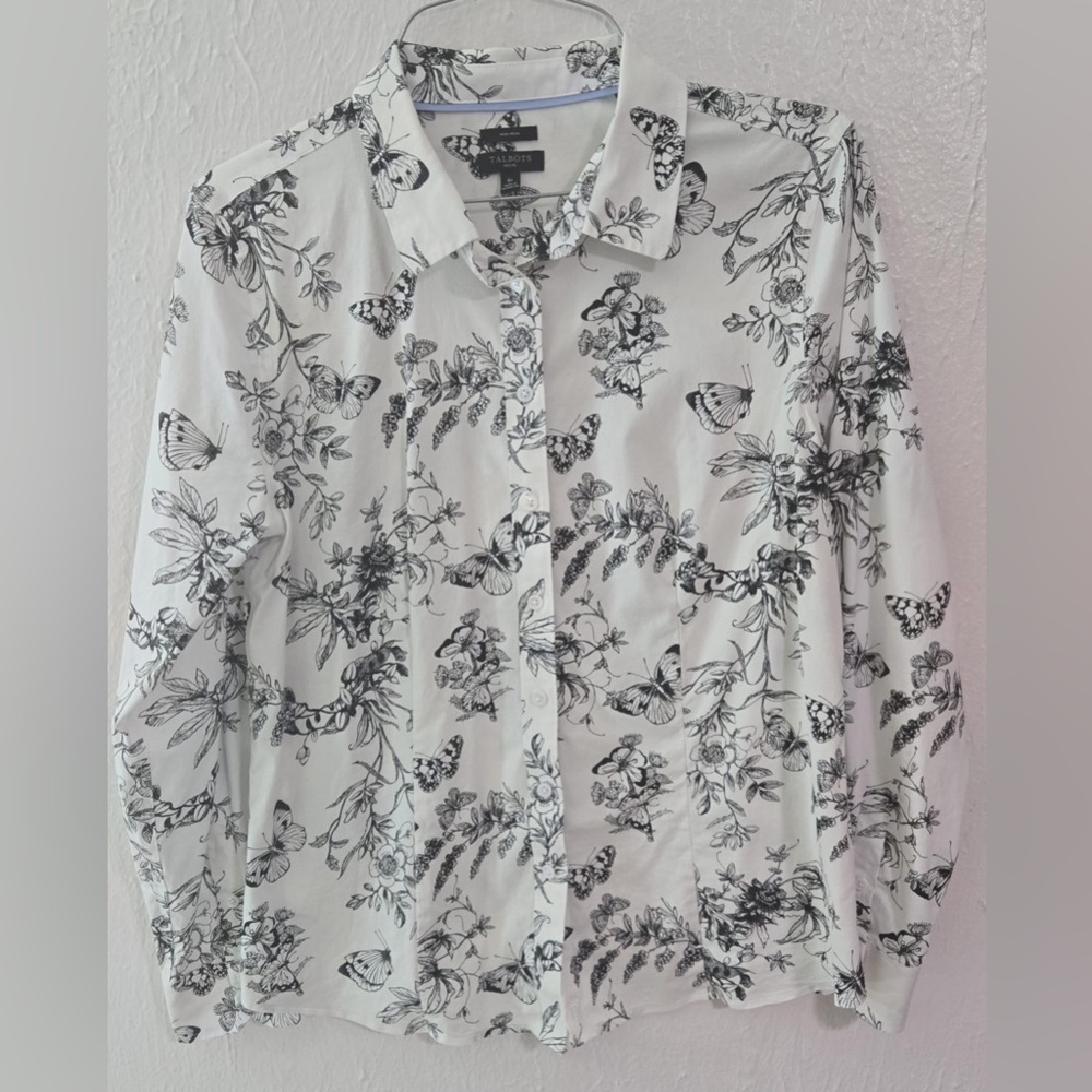 Talbots Monochrome Floral Button-Up Blouse